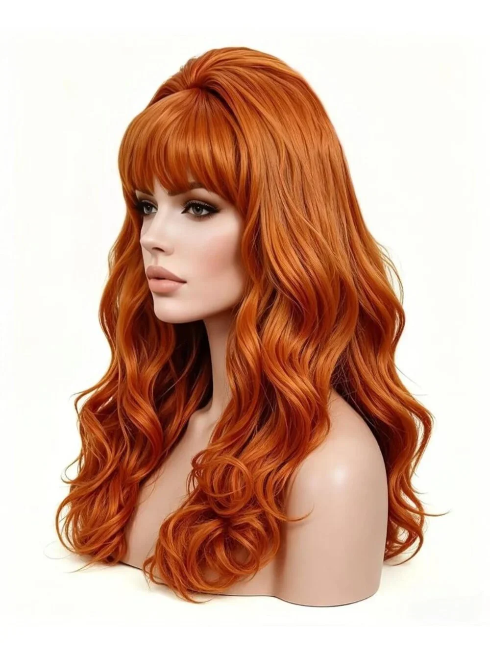 Women's Orange Heat Resistant Synthetic Fiber Retro Long Wavy Wigs Bangs